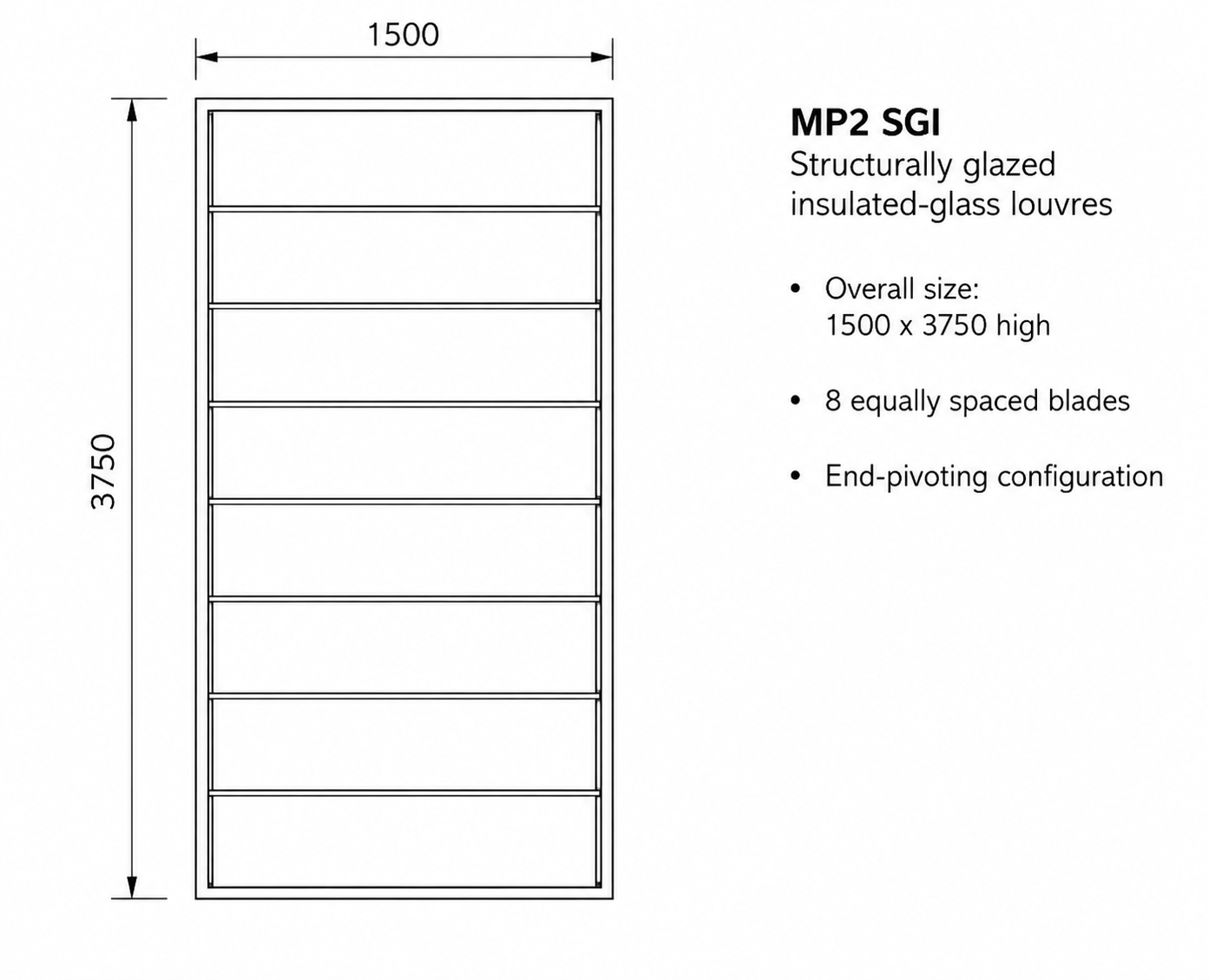 MP2 SGI test configuration measuring 1500 mm wide by 3750 mm high with eight equally spaced glass blades